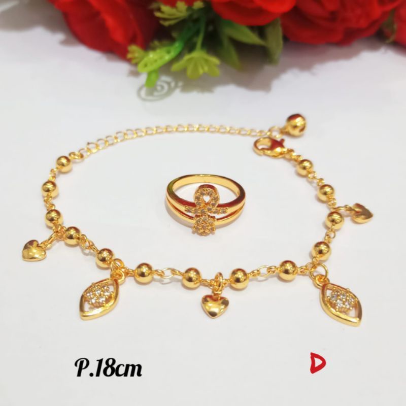 Set Gelang Jurai permata+Cincin zircon menawan logam emas ANTI KARAT