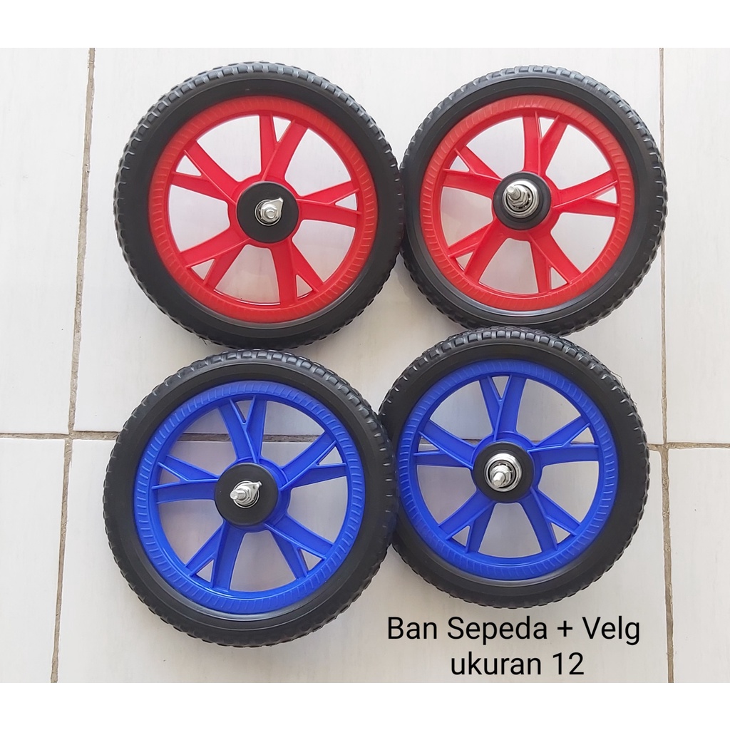 [1 Pasang] Ban Sepeda Anak 12 / Ban Mati dan Velg Pelek Veleg Sepeda ukuran 12 Lengkap Biru Merah
