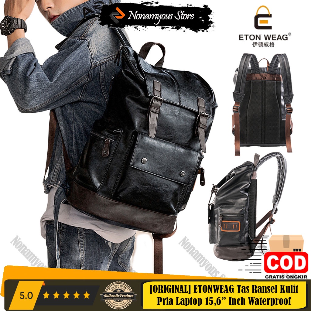 [ORIGINAL] ETONWEAG Tas Ransel Kulit Pria Laptop 15,6&quot; Inch Waterproof Soft Leather Import