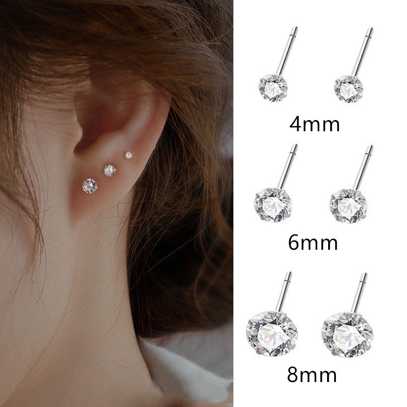 Roselife S925 Silver CZ Stud Earrings Simulated Diamond Round Cubic Zirconia Ear Stud 1 Pair