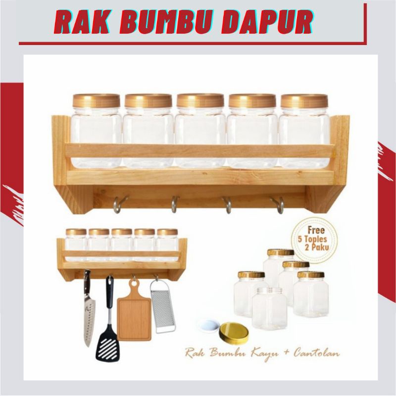 RAK TEMPAT WADAH DAN TOPLES BUMBU DAPUR SERBAGUNA SUSUN KAYU DINGDING SET UNIK GANTUNG+ hook
