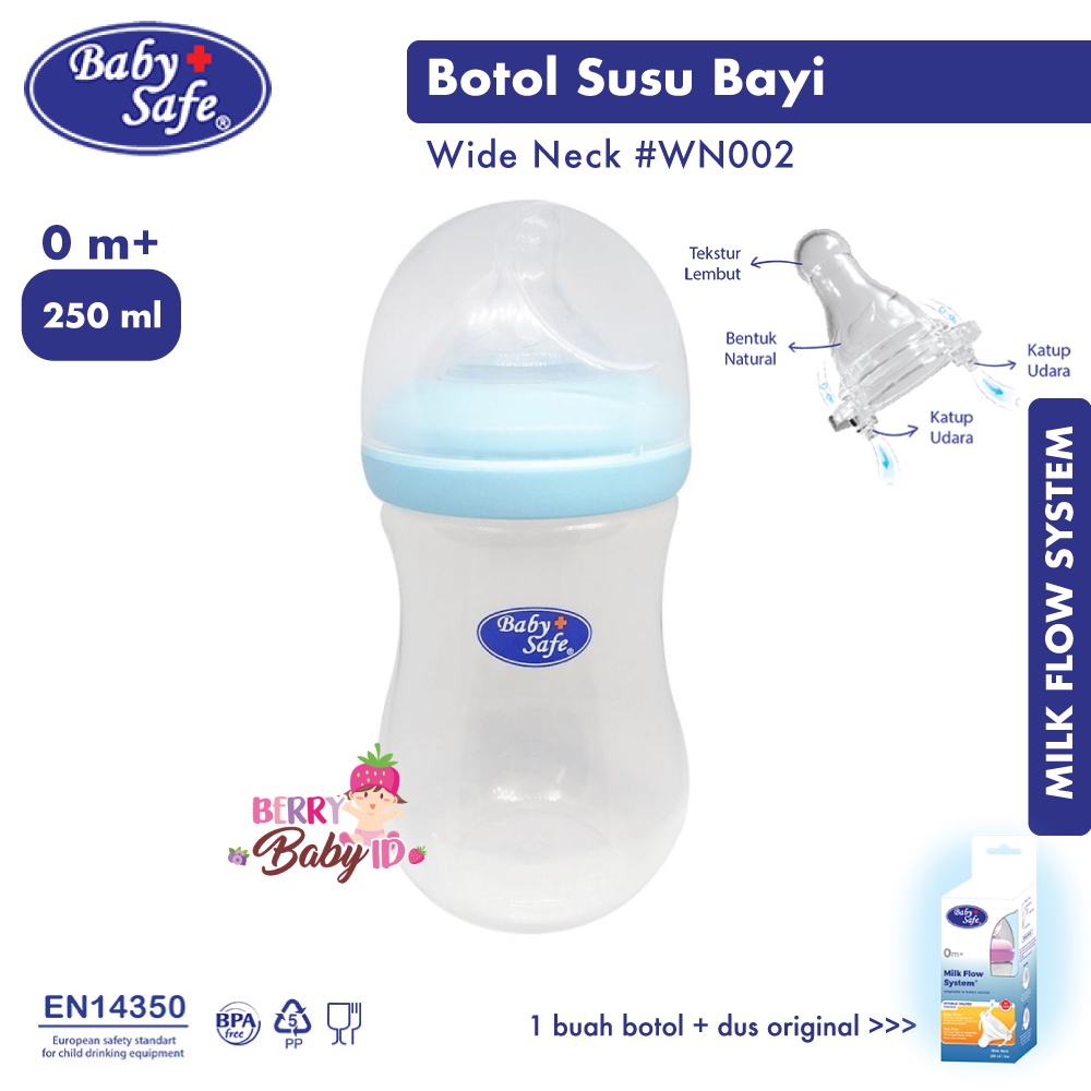 Baby Safe Botol Susu Bayi 250 Ml Wide Neck Baby Bottle WN002 BBS073 Berry Mart