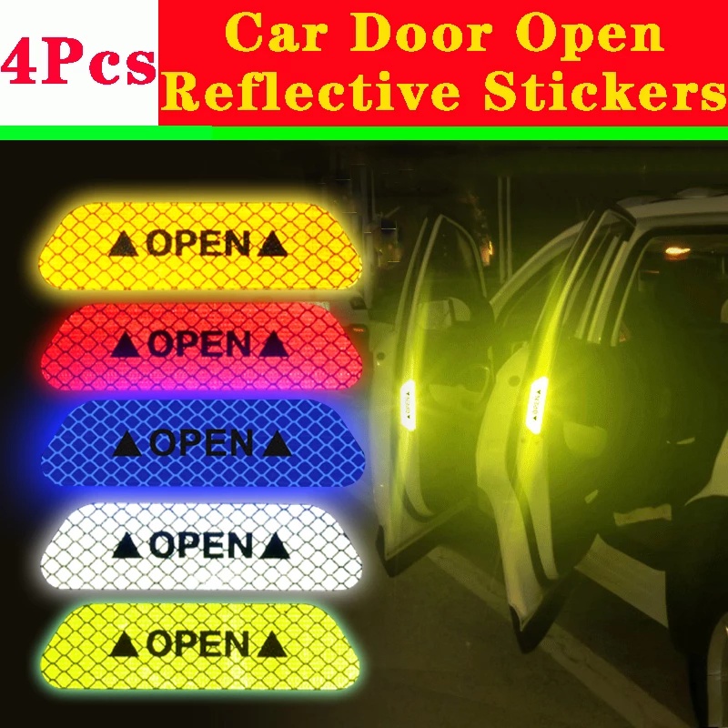 4pcs Mobil Buka Kaset Peringatan Reflektif Malam Stiker Peringatan Reflektif Tinggi prompt Stiker Pintu Mobil Aksesoris Eksterior DIY Stiker