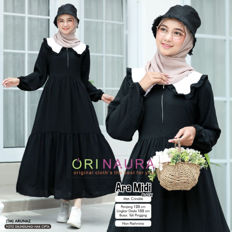 Gamis Ara by Ori Naura Bahan Crinckle Motif Polos | Midi Dress Susun Remaja Syari