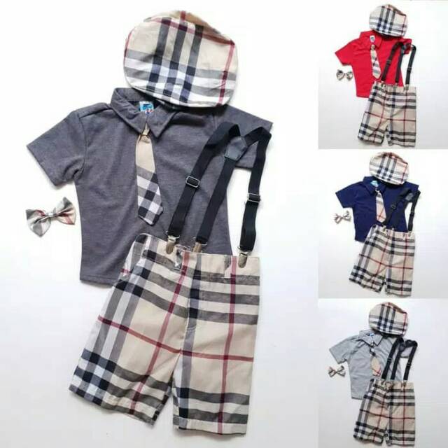 Baju Setelan Anak Bayi Laki Kaos Kerah Suspender Topi Dasi Burberry