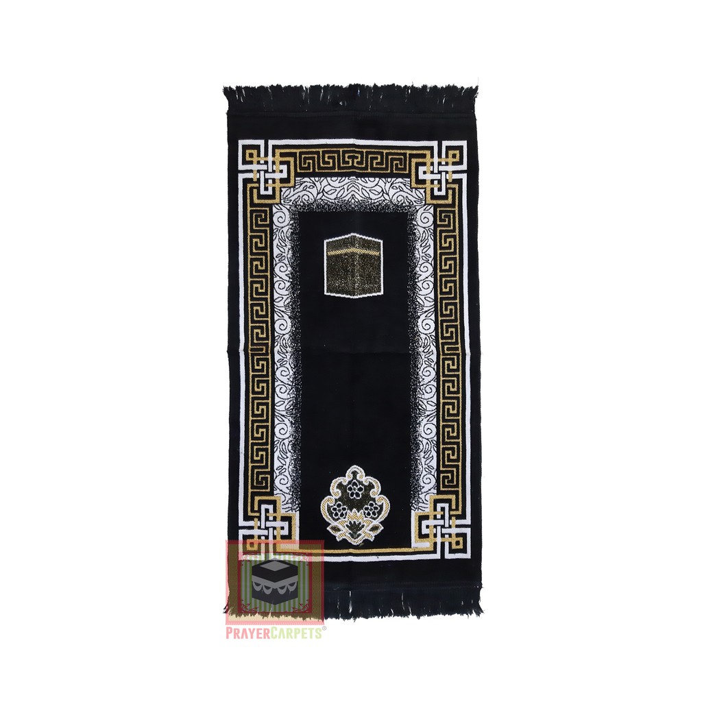 Sajadah Muslim Size 51x102cm Black Desain Kakbah Dengan Glitter Emas Motif Pola Meandros
