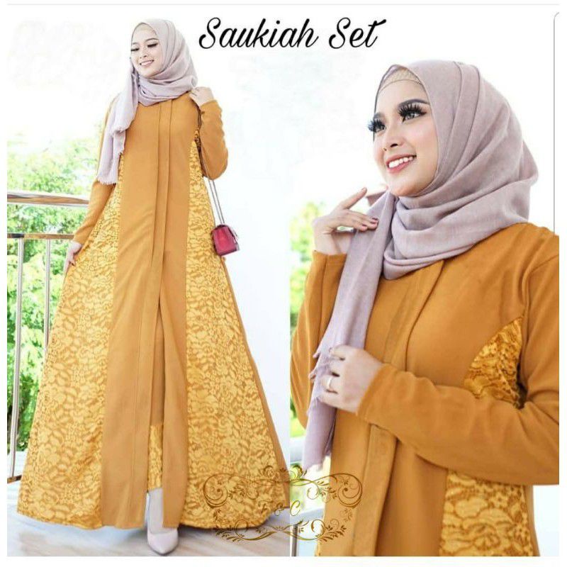 Saukiah setelan celana long dress brukat // long tunik set brukat