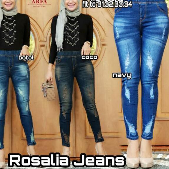 SALEE -  CELANA JEANS CEWEK PINGGANG KARET TERBARU//ROSALIA JEANS SOBEK TIDAK TEMBUS