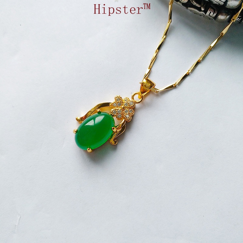 New Hot Selling Trend Full Diamond Green Jade Stone Pendant Elegant Necklace