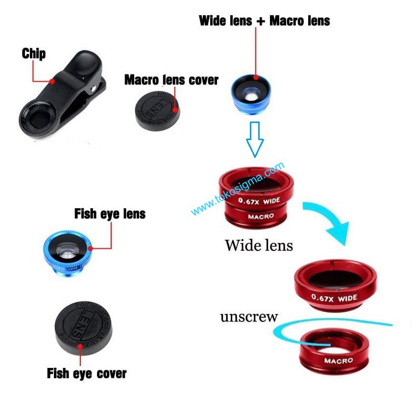 UNIVERSAL CLIP LENS FISH EYE MACRO WIDE KLIP LENSA 3 IN 1 SMARTPHONE