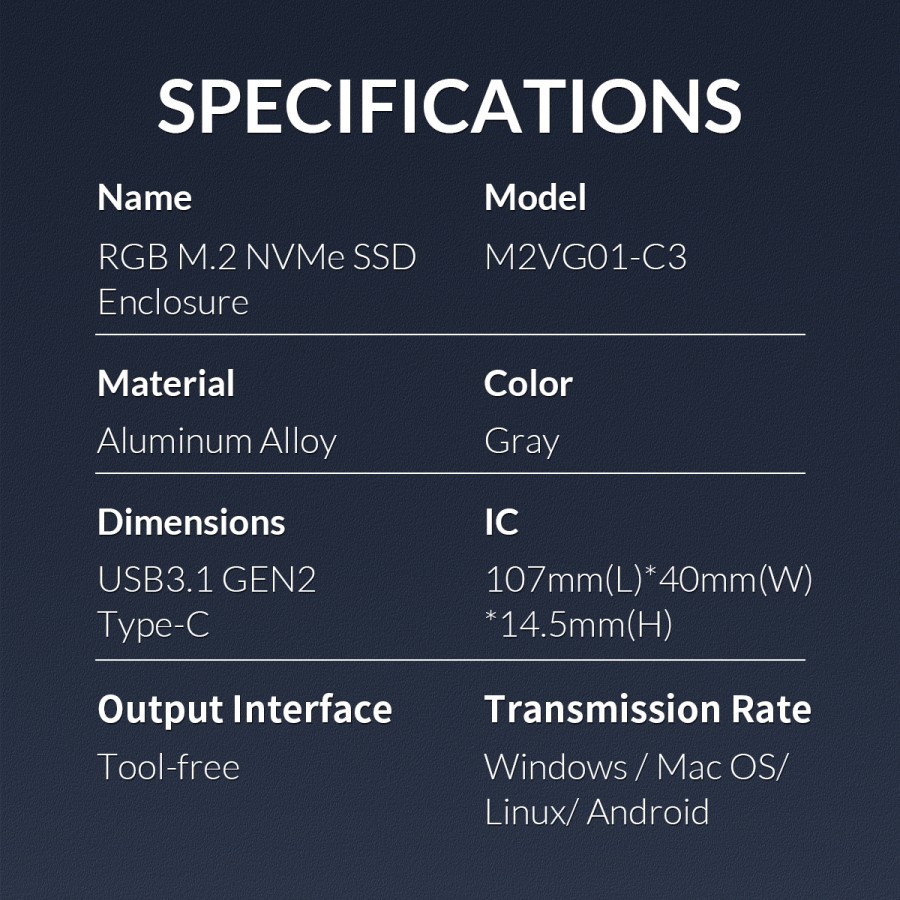 Ssd m.2 enclosure orico nvme Usb3.1 Type-c 10Gbps aluminium RGB m2vg01-c3 - Casing ssd m2 nvme m-key