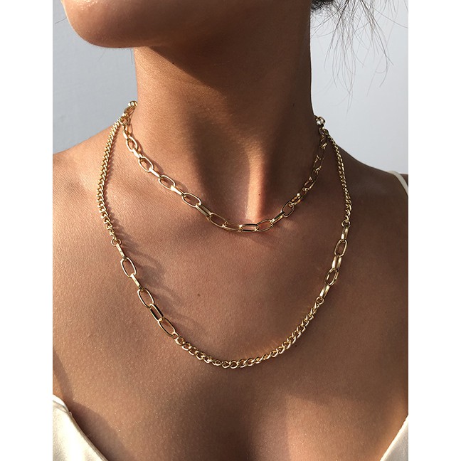 LRC Kalung Fashion Golden Thick Chain Alloy Stitching Multilayer Necklace K70640