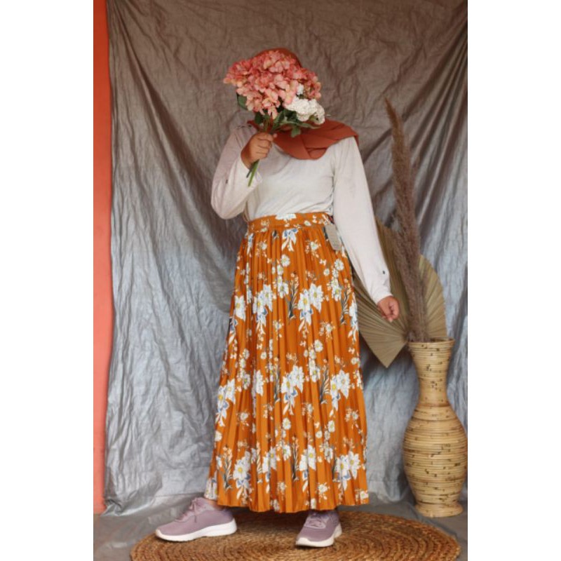 SH_ ROK PANJANG BUNGA SUNFLOWER / PLEATED SKIRT ROK MAYUNG ukuran ALLSIZE fit to XL (1kg muat 4pcs)