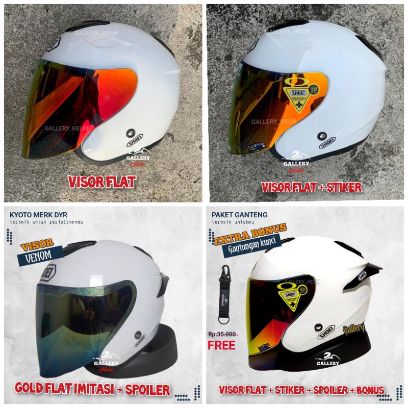 HELM KYOTO DYR PAKET GANTENG | SUDAH TERPASANG STIKER SHOEI | REPLIKA KYT KYOTO PUTIH-Paket visor red gold