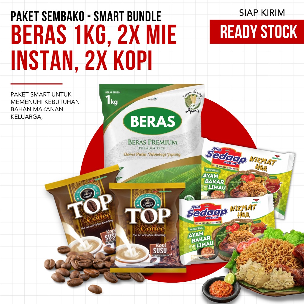 PAKET SEMBAKO - Beras 1kg + Mie Instant 2 pcs + Kopi 30 grm 2 pcs