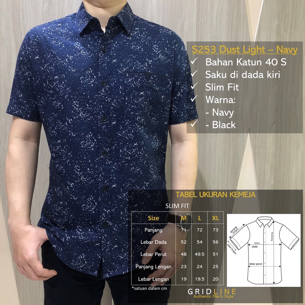 [GRIDLINE - S301 Script Art Black &amp; Navy - S253 Dust Light Navy &amp; Black] Kemeja Pria Lengan Pendek Slimfit Katun Motif Simple Keren Elegan M-XXL