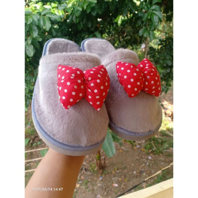 Sandal Slop Bulu Pita Polkadot Sandal Bustong Rumahan