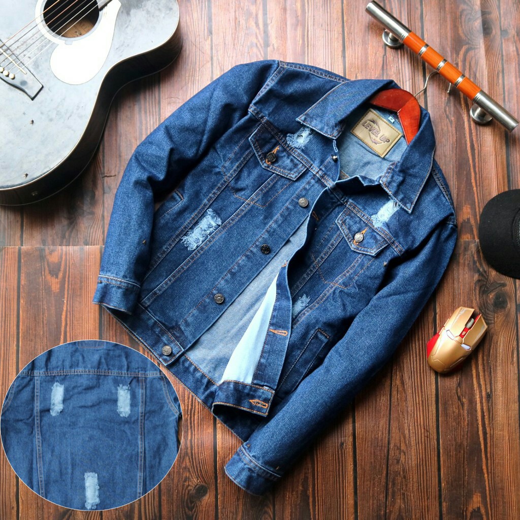 JAKET JEANS PRIA SOBEK RIPPED PRIA BIRU DONGKER BIOWASH