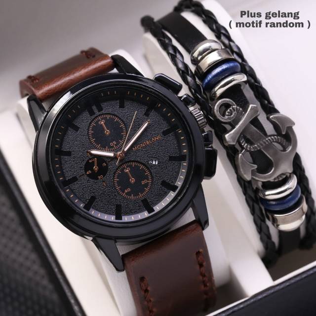 Free gelang - jam tangan pria - jam tangan MONTBLANC MB chrono off tanggal aktif strap tali kulit