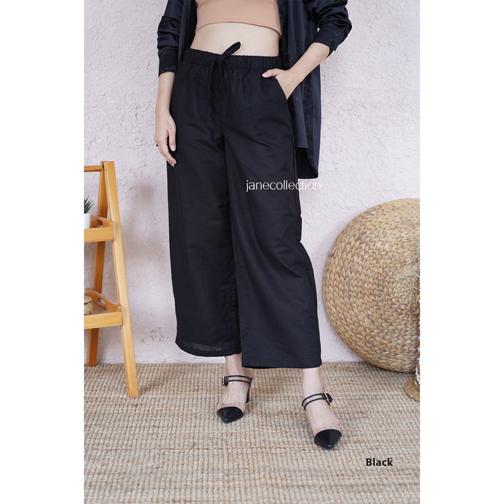 JANE COLLECTION | Celana Panjang Kulot Wanita Kerja Linen Rami Bianca Pants High Waist Cullote Hitam