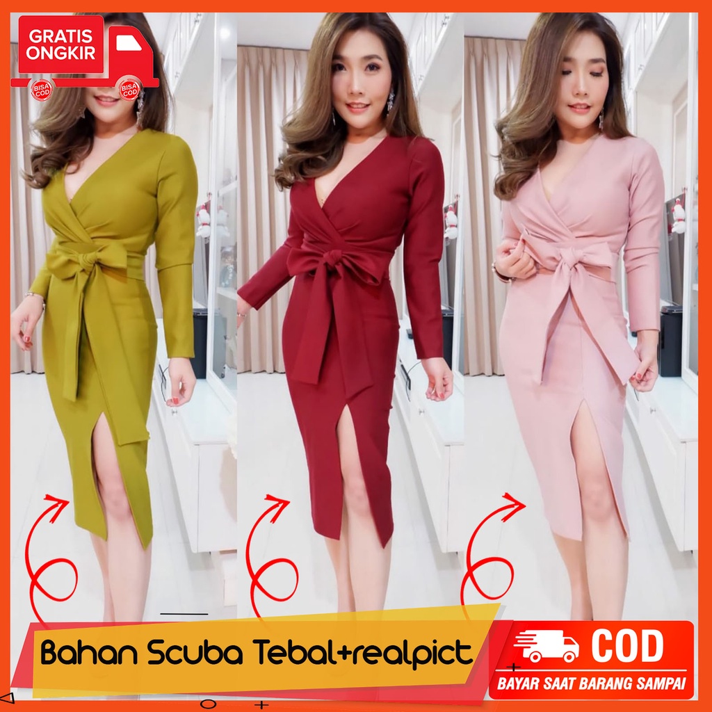 933 Dress Pesta Imlek Natal Tahun Baru kekinian Model Office Kantor - Gaun Midi Wanita Dewasa Baju S