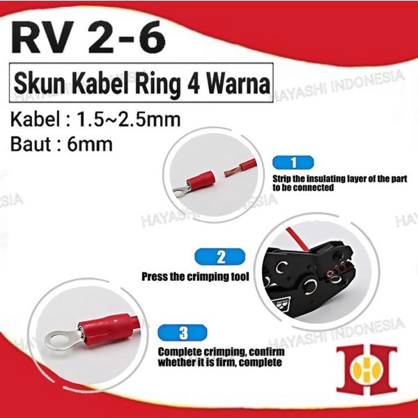 Terminal Kabel Sekun Cable Skun Ring O Bulat Cable Lug Isolasi RV 2-6 (100pcs)