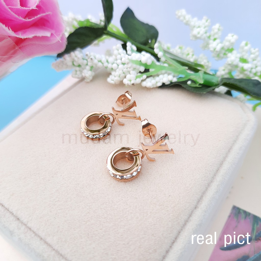 Anting Tusuk Titanium L* Ring Kristal Artifisial Warna Rose Gold