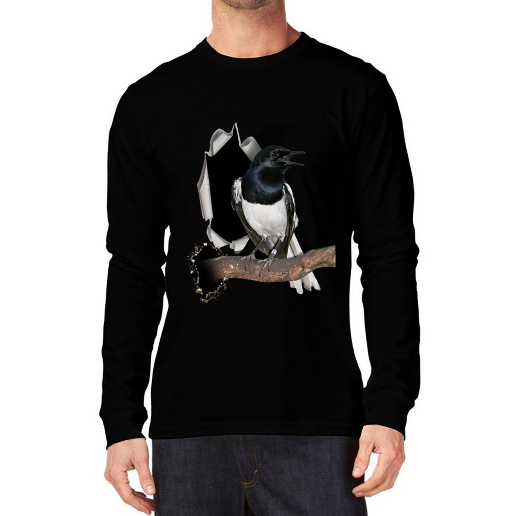 Termurah Kaos 3D Burung Kacer Poci Lengan Panjang Hitam Shopee