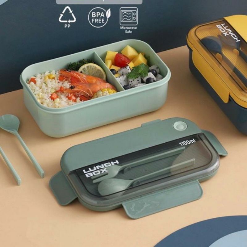 HARGA PROMO!! Lunch Box Kotak Bekal Makan 1100 ml Sekat BPA FREE Sendok Anti Tumpah