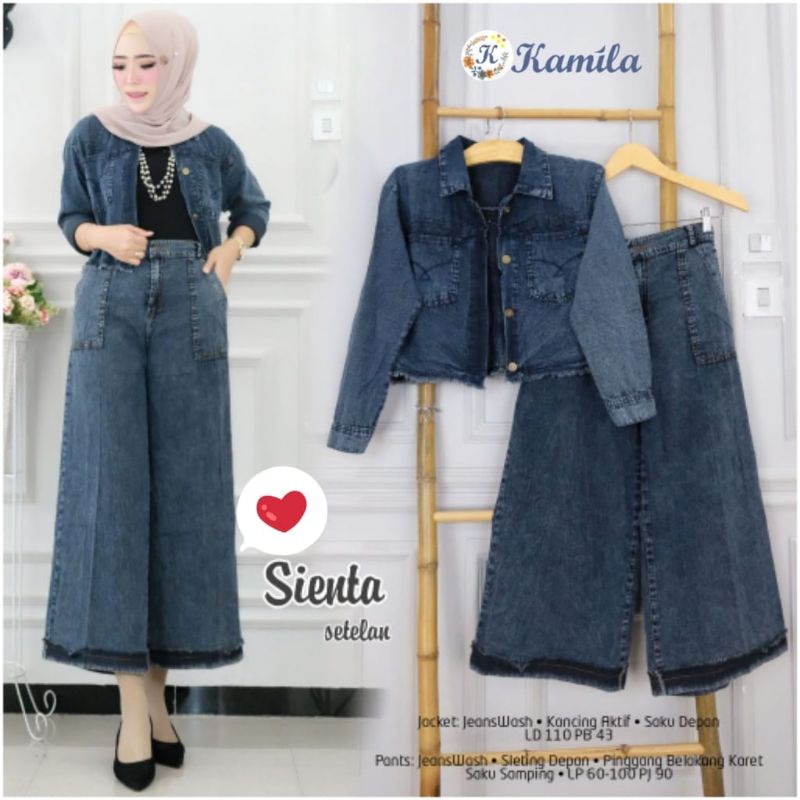 Sienta One Set Setelan Celana Kulot Jaket Polos Jeans Snow Hitam Rawis Ld 110 Jumbo Fit XXL By Kamil