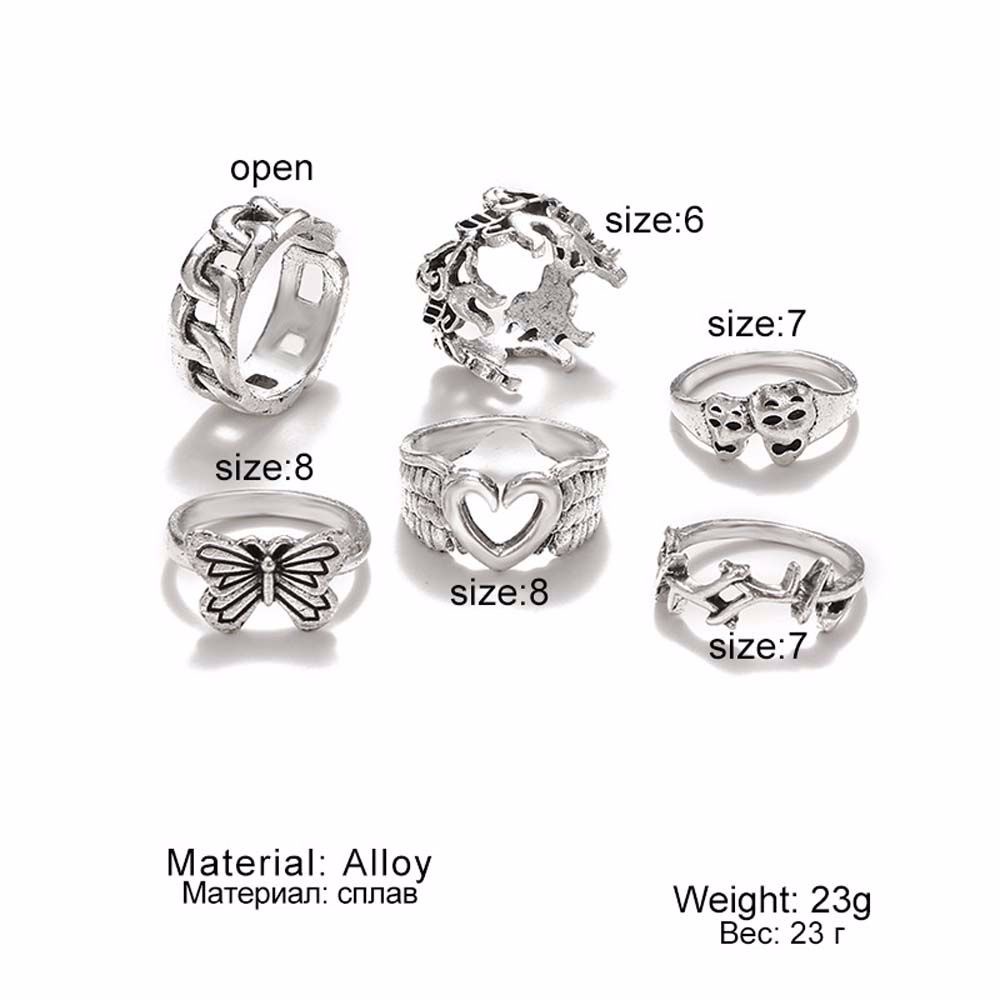 Needway  6Pcs Korean Style Men Women Fashion Accessories Finger Ring Boy Girl Chain Love Heart Hollow Punk Hip Hop Irregular Butterfly Rings/Multicolor