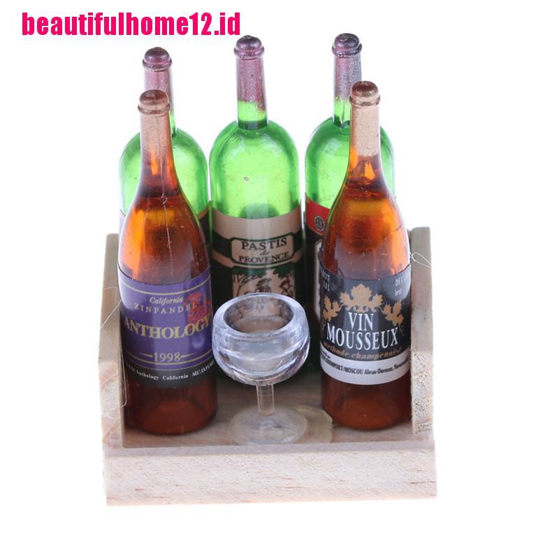 【beautifulhome12.id】Wine Juice Bottles Cup Wood Rack 1:12 Dollhouse Drink Miniature Accessory