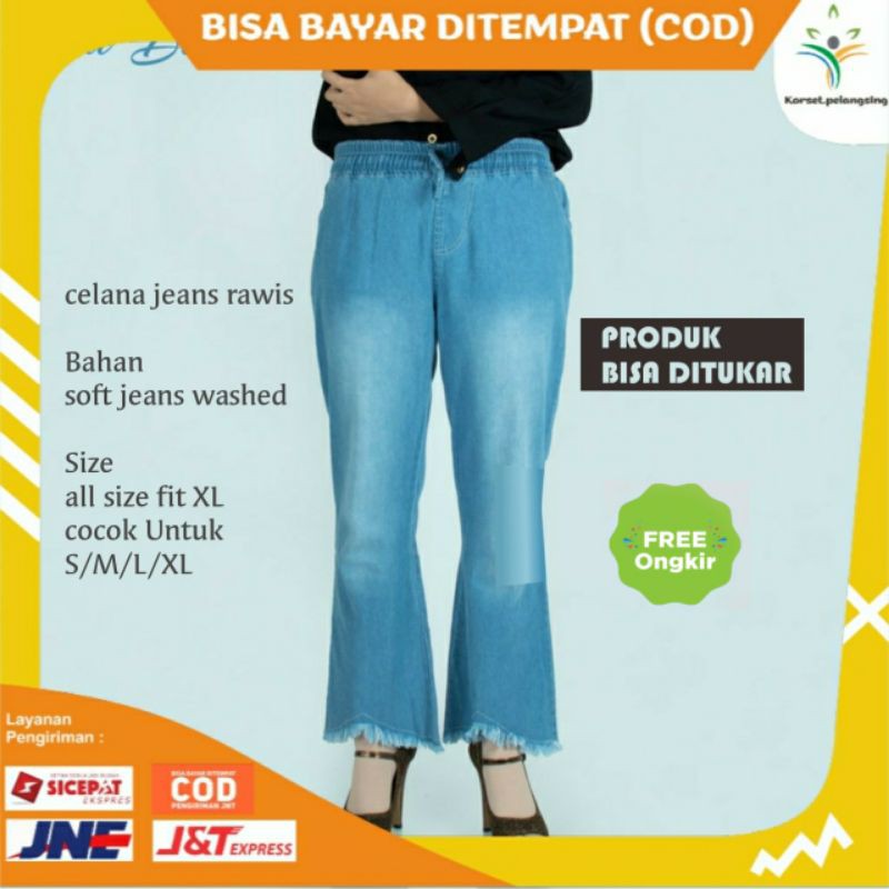 KP Celana Jeans Highwaist Cutbray Rawis Rumbai Pinggang Karet Wanita -  Cutbray Rawis Wanita BD