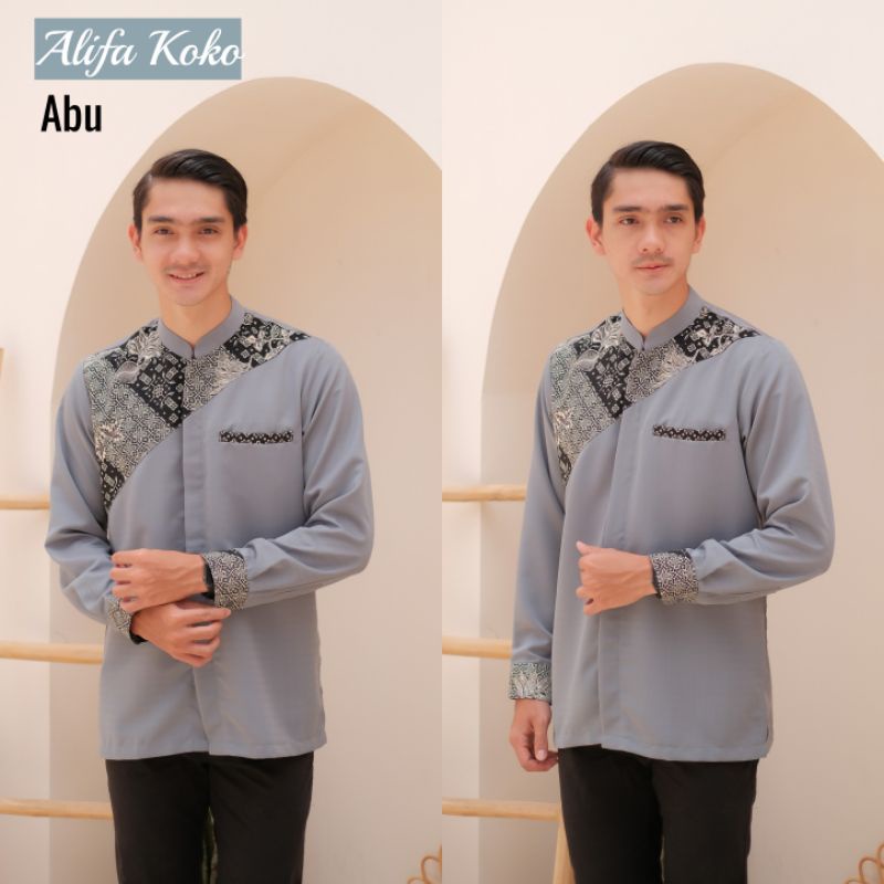 Baju Atasan Pria Koko Alifa Batik Seri Abu Coksu Marun