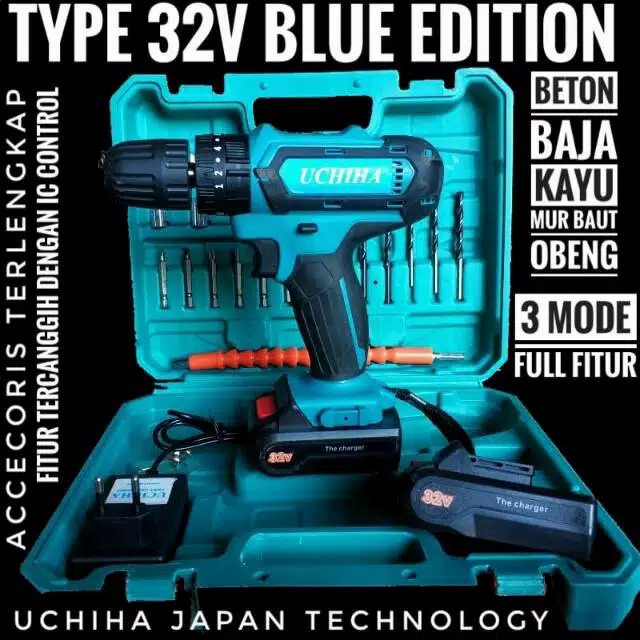 Bor baterai 32 volt UCHIHA JAPAN impact drill fullset accessories