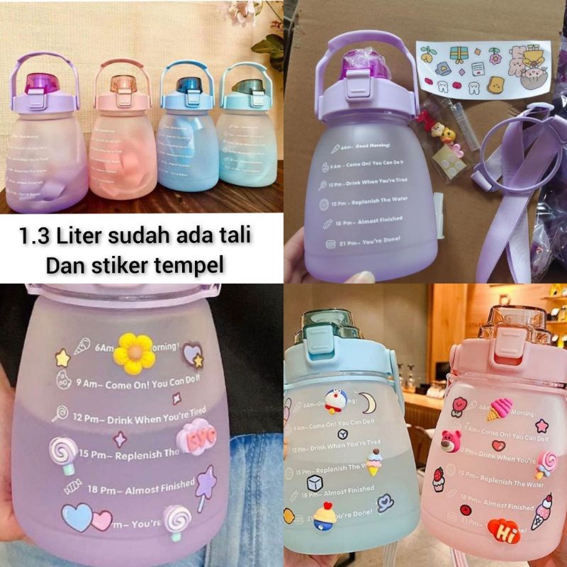 Botol Viral Gemoy Bulat Botol Gradiasi 1.3L Free Tali Stiker 2D 3D Botol Motivasi / Botol Time White_Cell