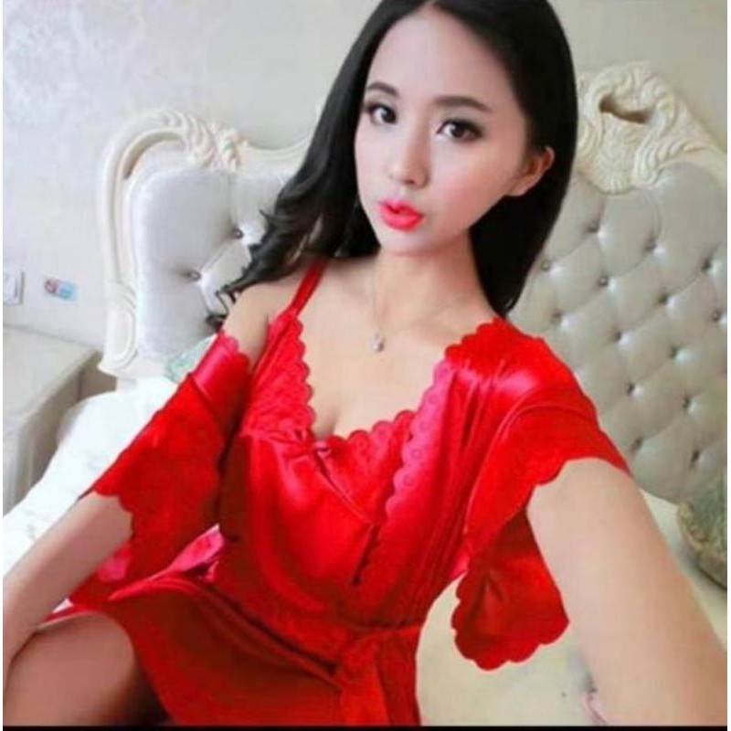 Baju Tidur Wanita Setelan Tidur Wanita Kimono Tidur Panjang Motif Renda dan Pita Import Murah New