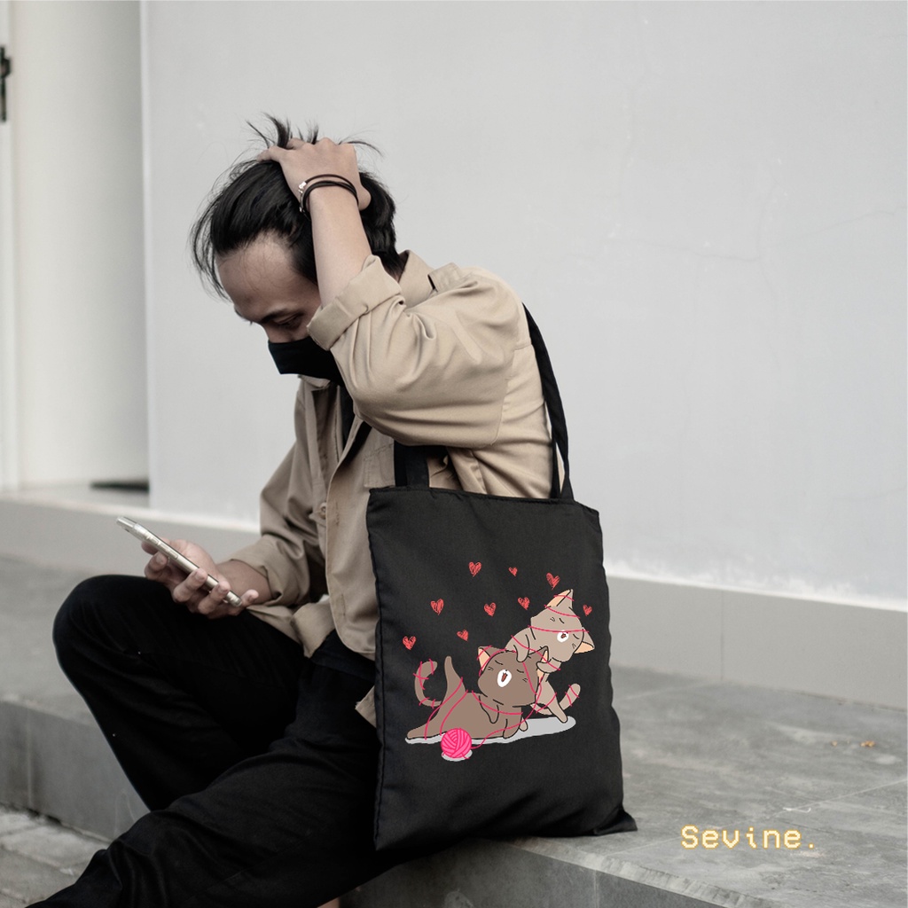 Sevine Totebag Tas Wanita Tote Bag Resleting Cute Cat Black Series Hitam - CSL8