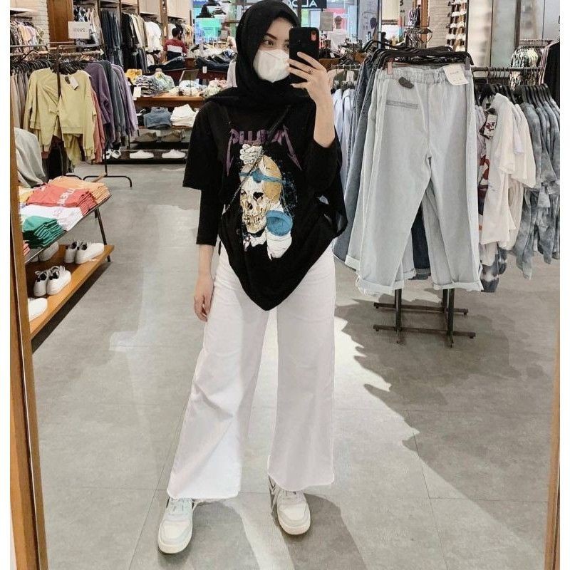 Celana Jeans Jins Wanita Cewek Kulot Rawis Putih Premium Tebal