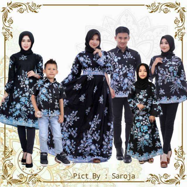 Saroja (093) Couple Keluarga Batik Gamis Batik Katun Premium Motif Cibulan Biru