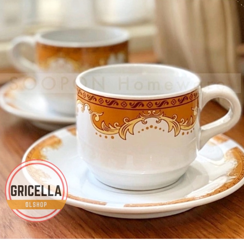 GELAS KERAMIK KOPI CANTIK (6 gelas+6 tatakan) Cangkir Klasik  Motif Mahkota Set keramik murah