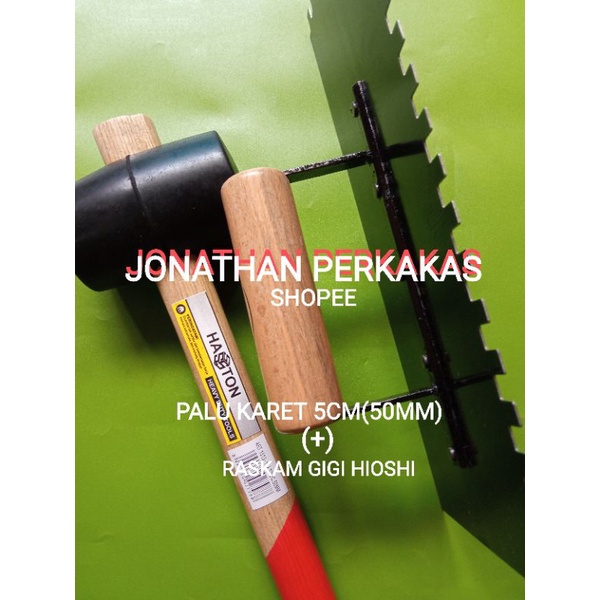paket pasang lantai keramik/granit raskam gigi hioshi+palu karet hasston gagang kayu 5cm(50mm)