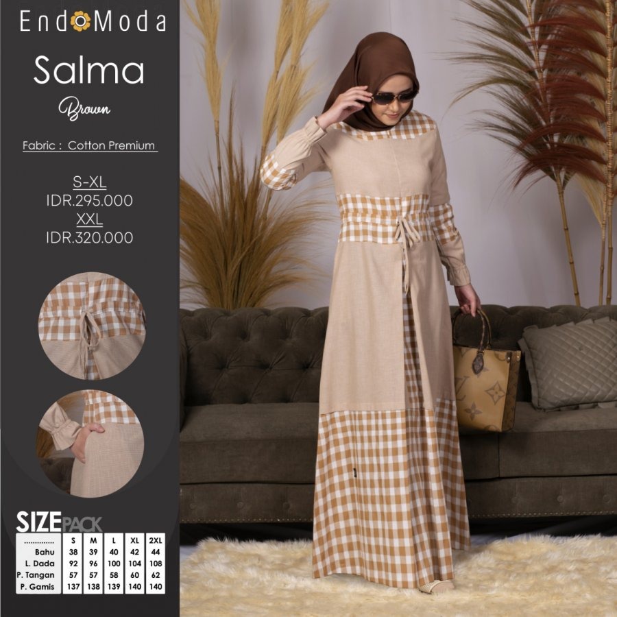 Gamis Endomoda Salma Bahan Catton Premium Dress Simple polos Kombinasi Motif Tartan