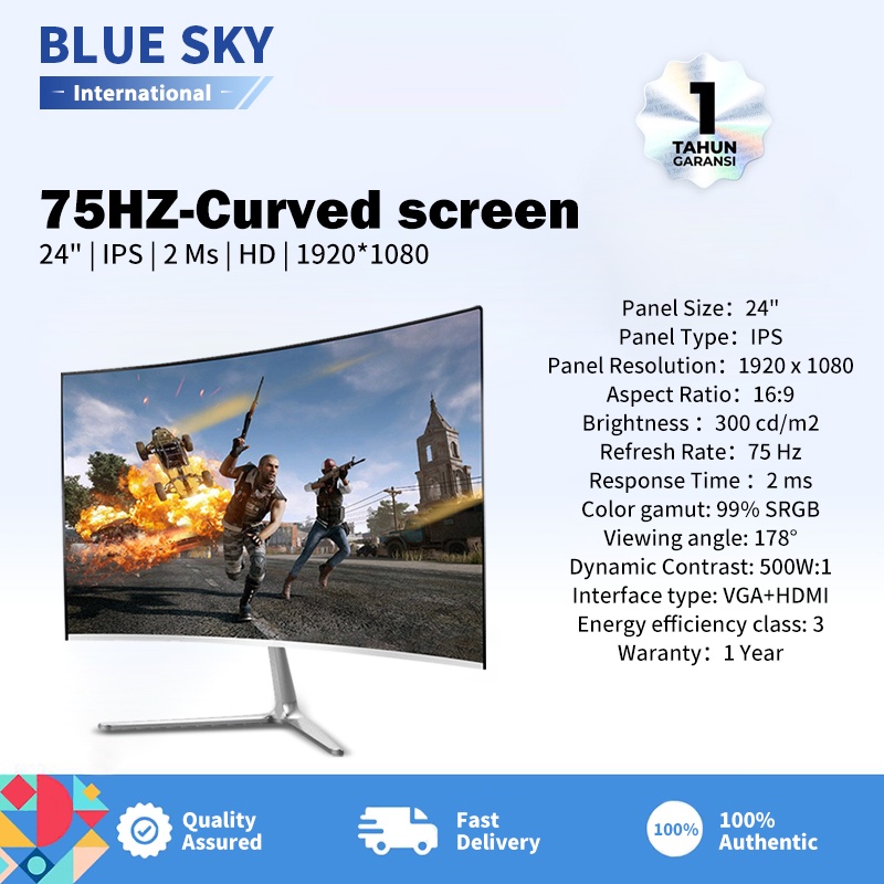 BLUE SKY Monitor komputer dengan resolusi tinggi lengkung ultra-tipis 24 inch