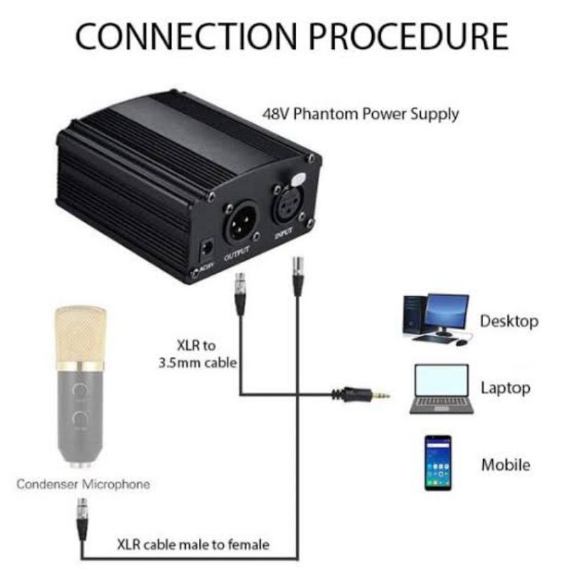 PHANTOM POWER SUPPLY 48V 1CHANNEL MICROPHONE MIKROFON MIC CONDENSER