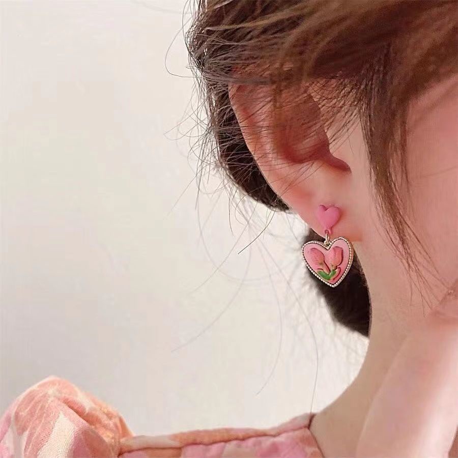 Kalung Anting Manik-Manik Bunga Tulip Warna Pink Gaya Korea Untuk Wanita