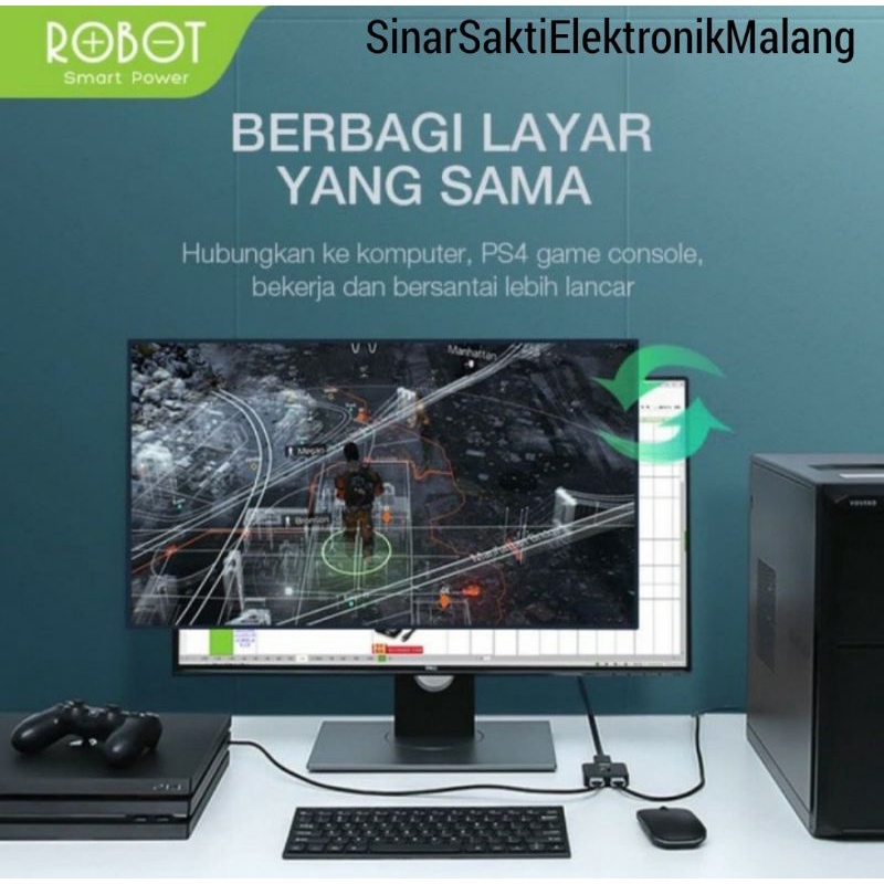 Robot HDMI Splitter &amp; Switch 2 in 1 port 4k Pembagi Cabang Layar 2in1