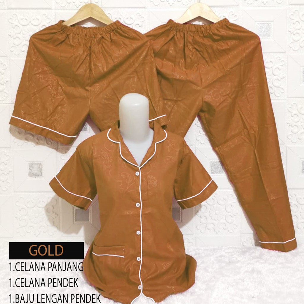 ISANNY PIYAMA SET SATEN EMBOS 3IN1 L/PIYAMA DEWAS/READY 20 WARNA-GOLD TUA