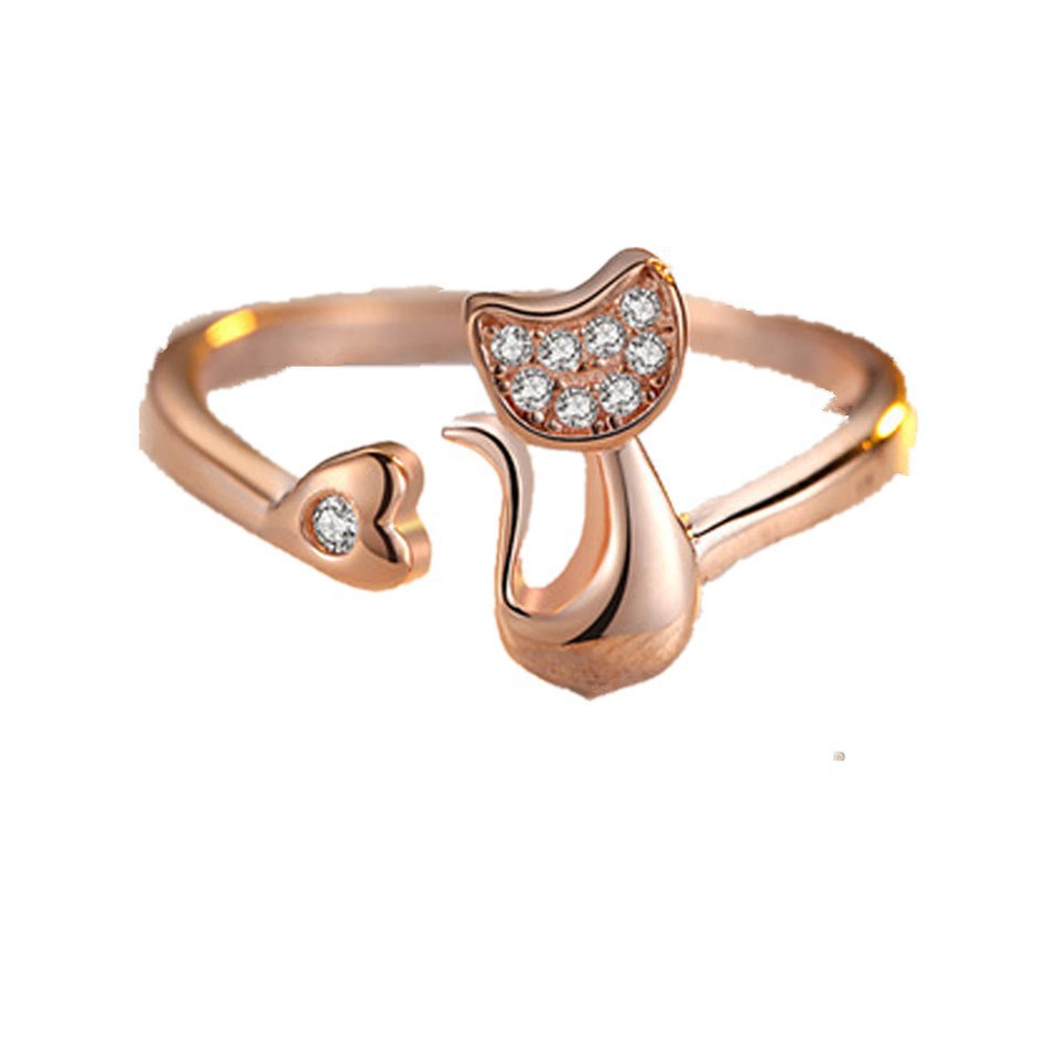 Cincin Perak Asli S925 Mewah Desain Kucing Kecil Hias Berlian Imitasi Berkilau Import Berkualitas