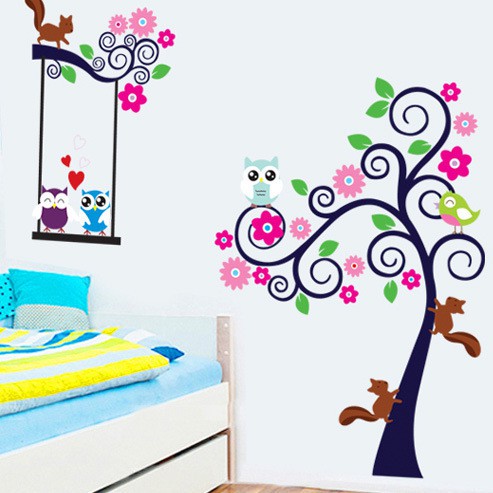 Reliza Wall Sticker Pohon Owl Tree Bird Colorfull Stiker Dinding LDR